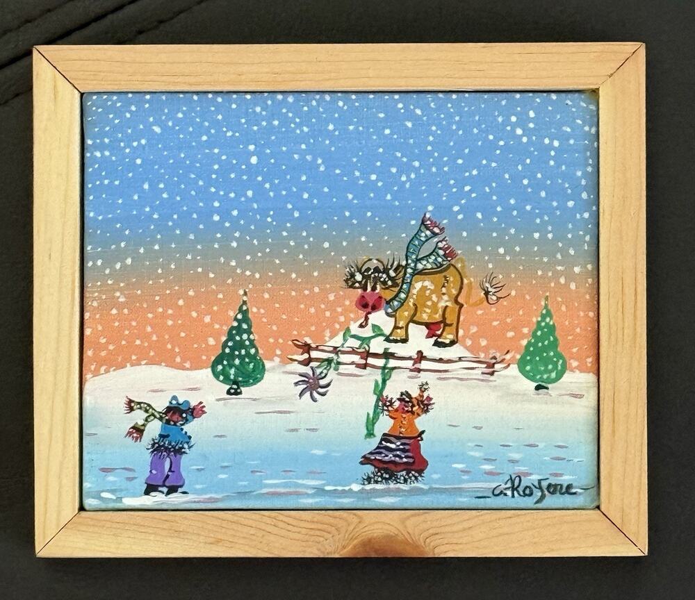 Signed Original Folk Art Landscape Painting in Frame - Winter Village